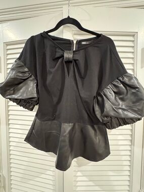 Ina Black Puff Sleeve Top with Faux Leather Trim